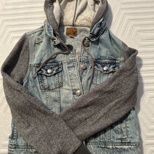 American Eagle Outfitters Blue and Gray Jean Jacket with Hood